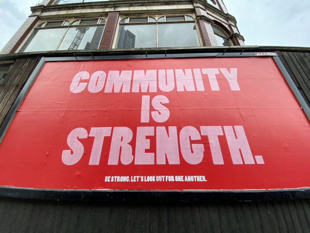 a red sign with white text on it